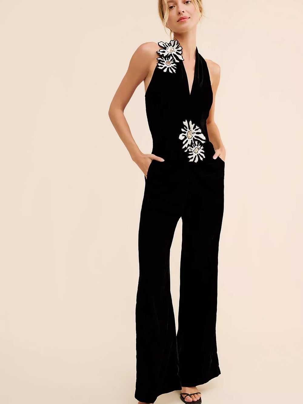 Black Halter Wide-Leg Jumpsuit with White Floral Appliqués